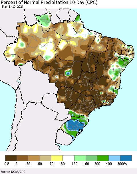 Brazil Percent of Normal Precipitation 10-Day (CPC) Thematic Map For 5/1/2024 - 5/10/2024