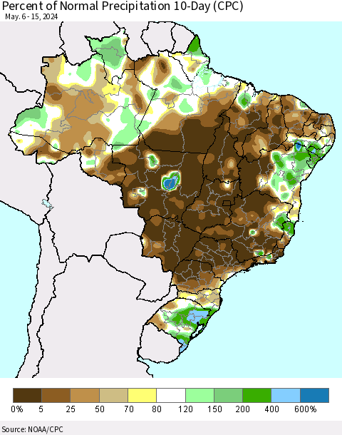 Brazil Percent of Normal Precipitation 10-Day (CPC) Thematic Map For 5/6/2024 - 5/15/2024
