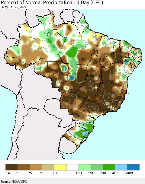 Brazil Percent of Normal Precipitation 10-Day (CPC) Thematic Map For 5/11/2024 - 5/20/2024
