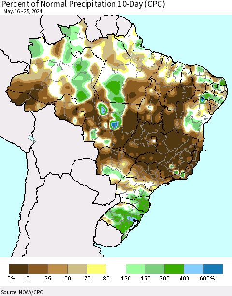 Brazil Percent of Normal Precipitation 10-Day (CPC) Thematic Map For 5/16/2024 - 5/25/2024