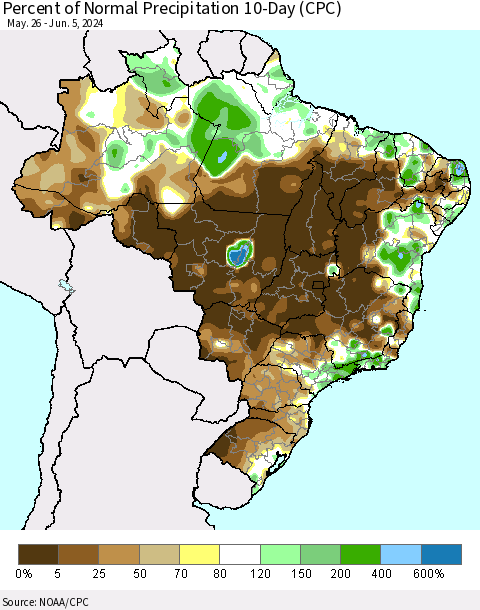 Brazil Percent of Normal Precipitation 10-Day (CPC) Thematic Map For 5/26/2024 - 6/5/2024