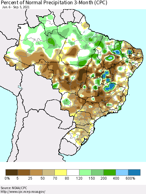 Brazil Percent of Normal Precipitation 3-Month (CPC) Thematic Map For 6/6/2021 - 9/5/2021