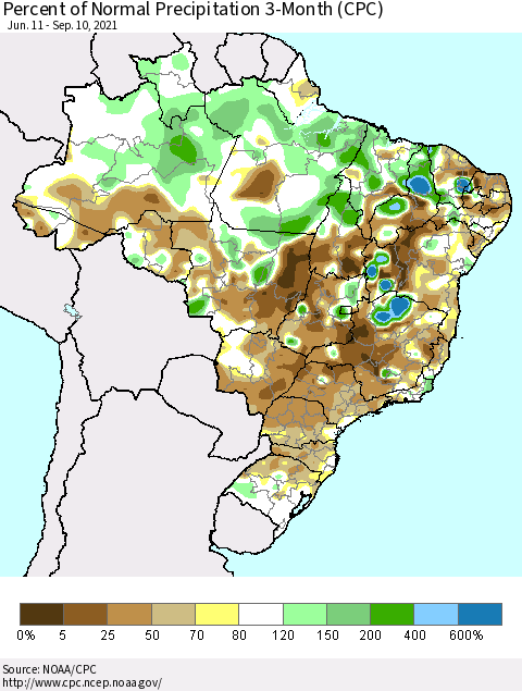 Brazil Percent of Normal Precipitation 3-Month (CPC) Thematic Map For 6/11/2021 - 9/10/2021