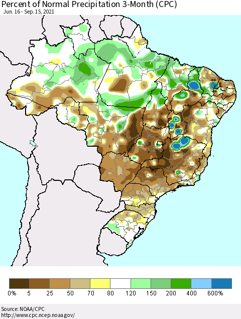 Brazil Percent of Normal Precipitation 3-Month (CPC) Thematic Map For 6/16/2021 - 9/15/2021