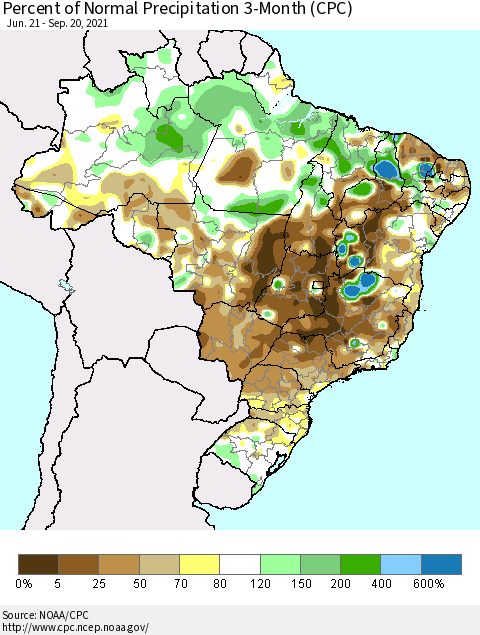 Brazil Percent of Normal Precipitation 3-Month (CPC) Thematic Map For 6/21/2021 - 9/20/2021