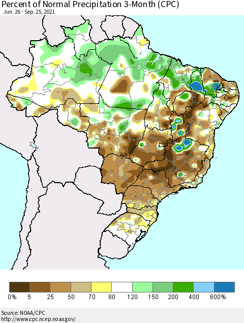 Brazil Percent of Normal Precipitation 3-Month (CPC) Thematic Map For 6/26/2021 - 9/25/2021