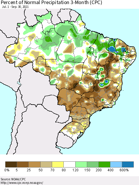 Brazil Percent of Normal Precipitation 3-Month (CPC) Thematic Map For 7/1/2021 - 9/30/2021