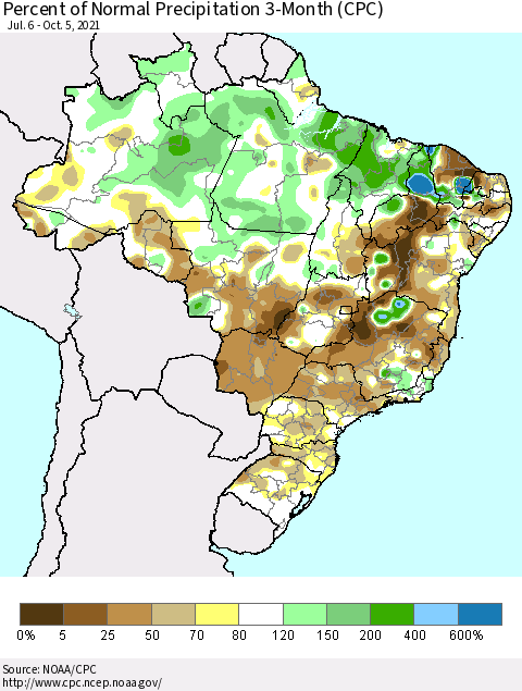 Brazil Percent of Normal Precipitation 3-Month (CPC) Thematic Map For 7/6/2021 - 10/5/2021