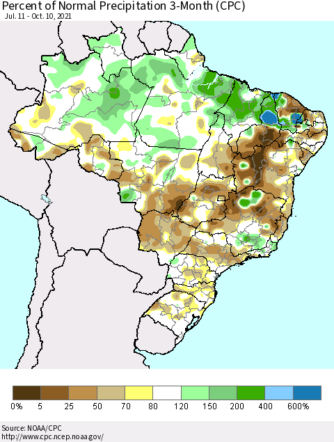 Brazil Percent of Normal Precipitation 3-Month (CPC) Thematic Map For 7/11/2021 - 10/10/2021