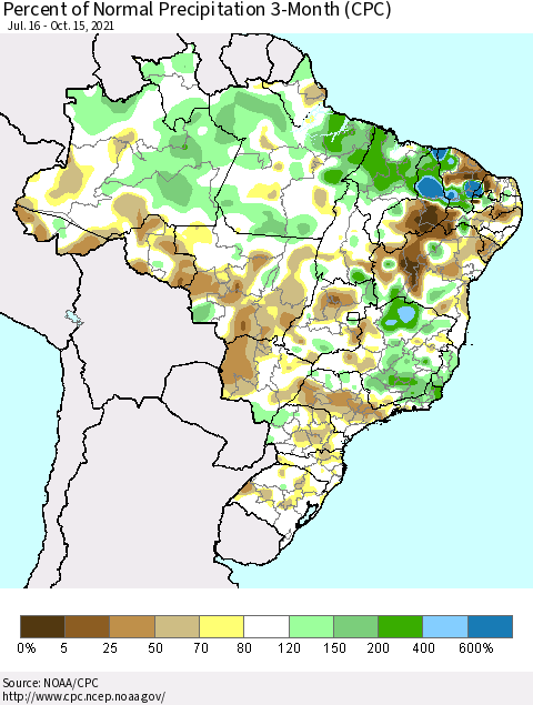 Brazil Percent of Normal Precipitation 3-Month (CPC) Thematic Map For 7/16/2021 - 10/15/2021