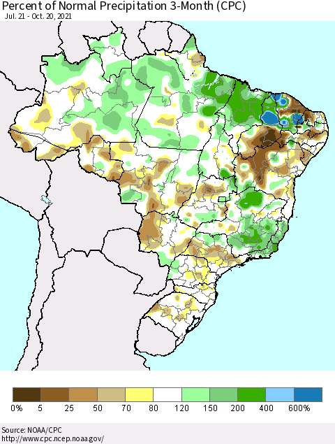 Brazil Percent of Normal Precipitation 3-Month (CPC) Thematic Map For 7/21/2021 - 10/20/2021
