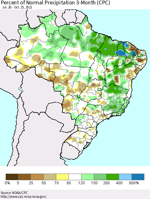 Brazil Percent of Normal Precipitation 3-Month (CPC) Thematic Map For 7/26/2021 - 10/25/2021