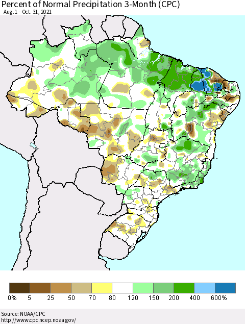 Brazil Percent of Normal Precipitation 3-Month (CPC) Thematic Map For 8/1/2021 - 10/31/2021