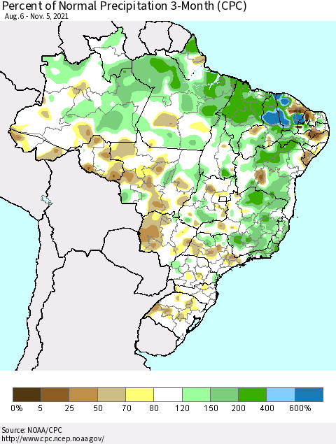 Brazil Percent of Normal Precipitation 3-Month (CPC) Thematic Map For 8/6/2021 - 11/5/2021