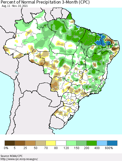 Brazil Percent of Normal Precipitation 3-Month (CPC) Thematic Map For 8/11/2021 - 11/10/2021