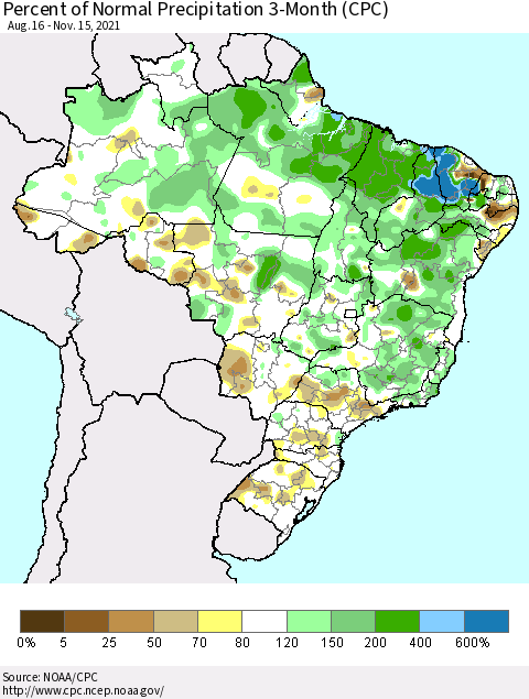Brazil Percent of Normal Precipitation 3-Month (CPC) Thematic Map For 8/16/2021 - 11/15/2021