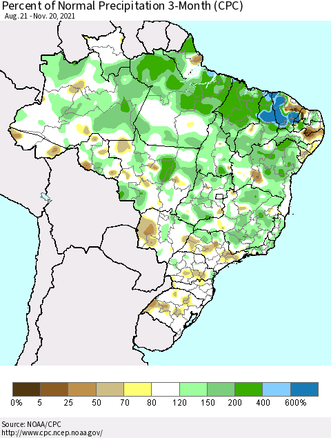Brazil Percent of Normal Precipitation 3-Month (CPC) Thematic Map For 8/21/2021 - 11/20/2021