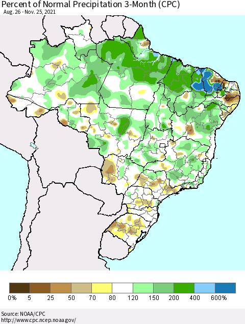 Brazil Percent of Normal Precipitation 3-Month (CPC) Thematic Map For 8/26/2021 - 11/25/2021