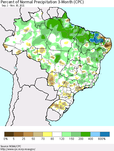 Brazil Percent of Normal Precipitation 3-Month (CPC) Thematic Map For 9/1/2021 - 11/30/2021