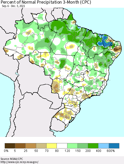 Brazil Percent of Normal Precipitation 3-Month (CPC) Thematic Map For 9/6/2021 - 12/5/2021
