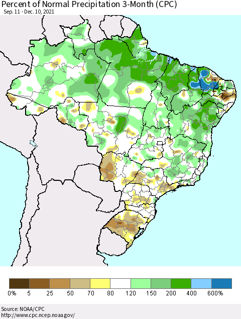 Brazil Percent of Normal Precipitation 3-Month (CPC) Thematic Map For 9/11/2021 - 12/10/2021