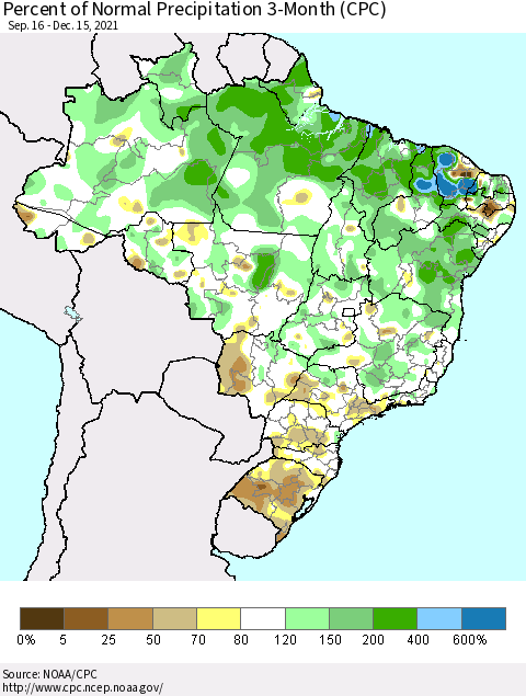 Brazil Percent of Normal Precipitation 3-Month (CPC) Thematic Map For 9/16/2021 - 12/15/2021