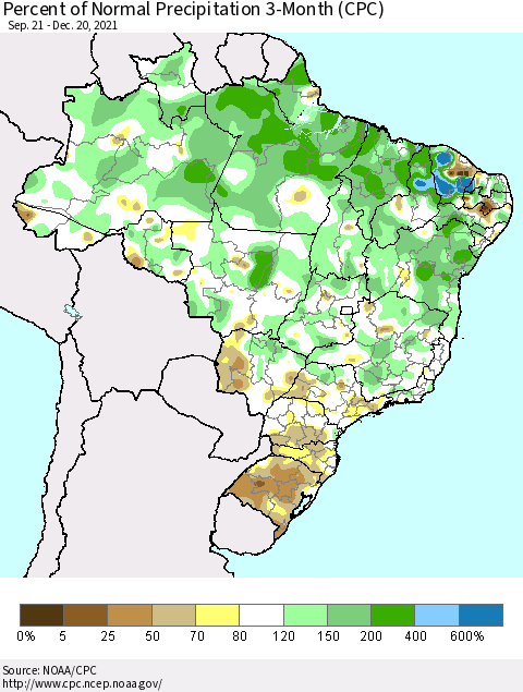 Brazil Percent of Normal Precipitation 3-Month (CPC) Thematic Map For 9/21/2021 - 12/20/2021