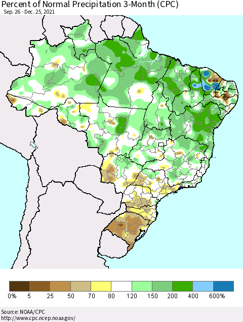 Brazil Percent of Normal Precipitation 3-Month (CPC) Thematic Map For 9/26/2021 - 12/25/2021
