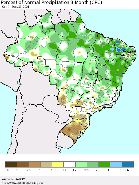 Brazil Percent of Normal Precipitation 3-Month (CPC) Thematic Map For 10/1/2021 - 12/31/2021
