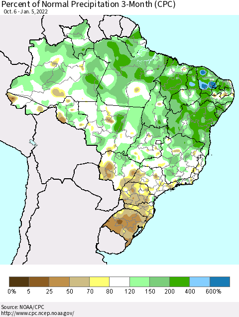 Brazil Percent of Normal Precipitation 3-Month (CPC) Thematic Map For 10/6/2021 - 1/5/2022