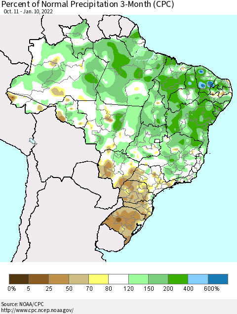 Brazil Percent of Normal Precipitation 3-Month (CPC) Thematic Map For 10/11/2021 - 1/10/2022