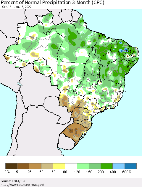 Brazil Percent of Normal Precipitation 3-Month (CPC) Thematic Map For 10/16/2021 - 1/15/2022