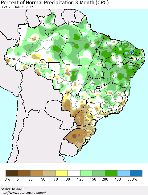 Brazil Percent of Normal Precipitation 3-Month (CPC) Thematic Map For 10/21/2021 - 1/20/2022