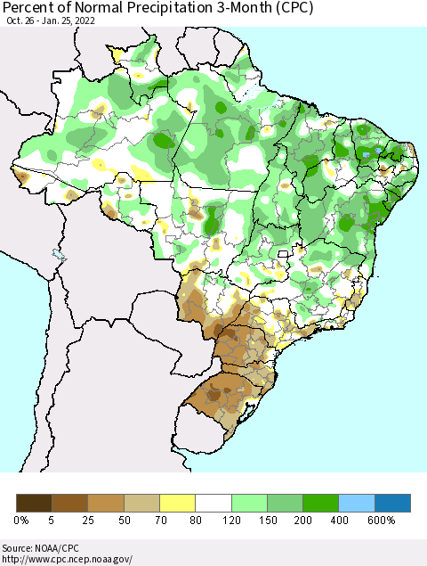 Brazil Percent of Normal Precipitation 3-Month (CPC) Thematic Map For 10/26/2021 - 1/25/2022