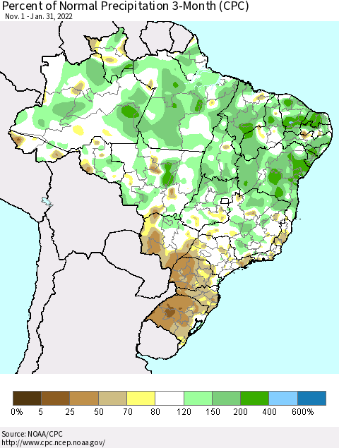 Brazil Percent of Normal Precipitation 3-Month (CPC) Thematic Map For 11/1/2021 - 1/31/2022