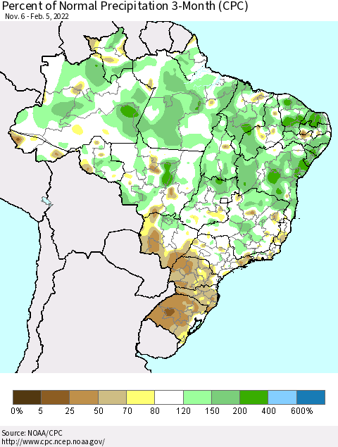 Brazil Percent of Normal Precipitation 3-Month (CPC) Thematic Map For 11/6/2021 - 2/5/2022
