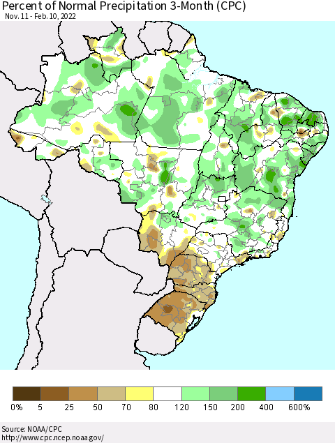 Brazil Percent of Normal Precipitation 3-Month (CPC) Thematic Map For 11/11/2021 - 2/10/2022