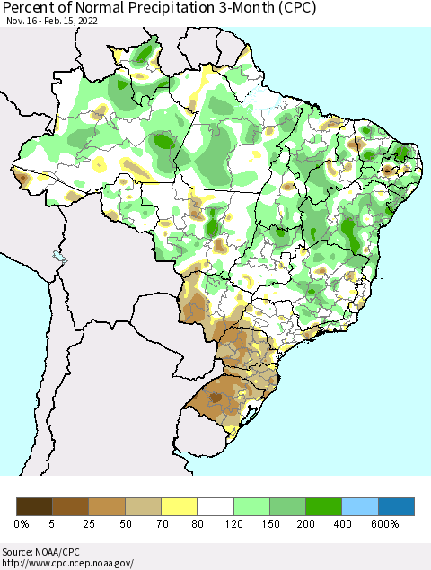 Brazil Percent of Normal Precipitation 3-Month (CPC) Thematic Map For 11/16/2021 - 2/15/2022