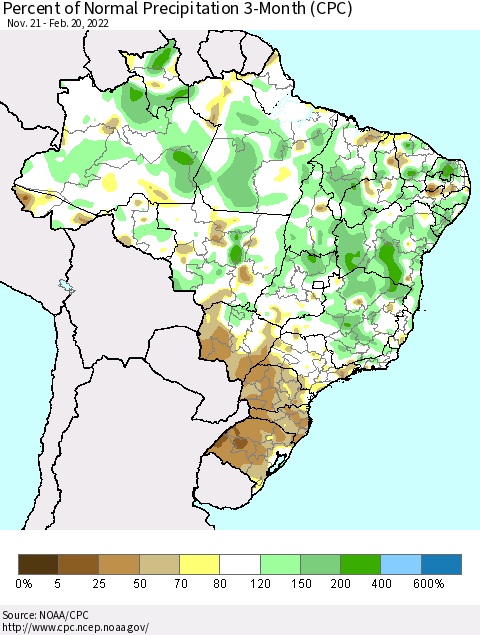 Brazil Percent of Normal Precipitation 3-Month (CPC) Thematic Map For 11/21/2021 - 2/20/2022