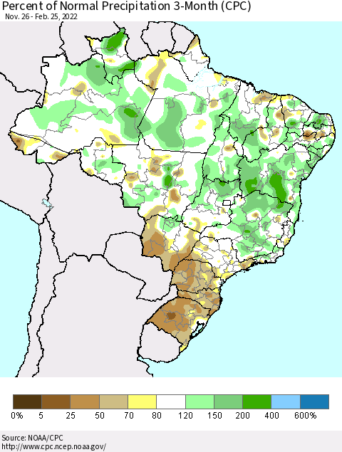 Brazil Percent of Normal Precipitation 3-Month (CPC) Thematic Map For 11/26/2021 - 2/25/2022