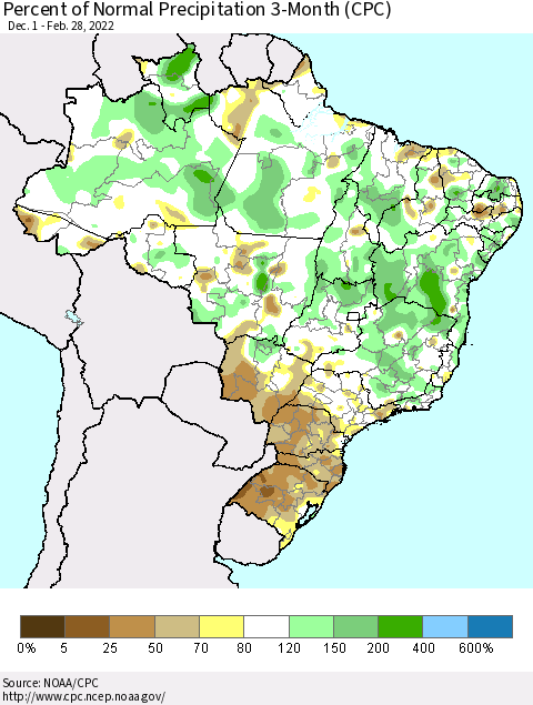 Brazil Percent of Normal Precipitation 3-Month (CPC) Thematic Map For 12/1/2021 - 2/28/2022