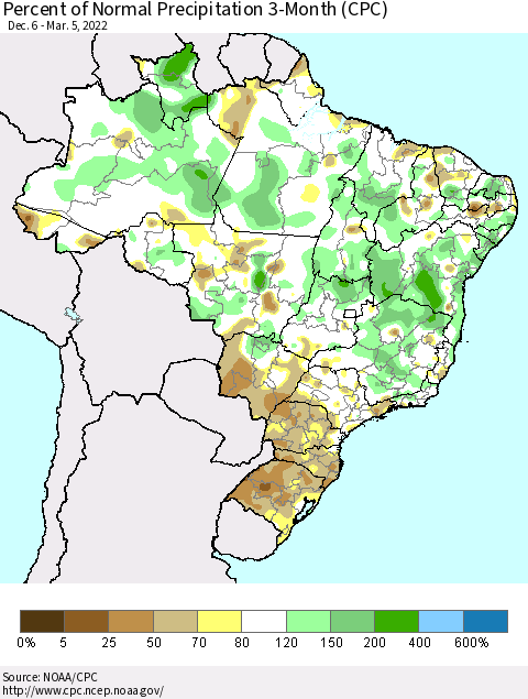 Brazil Percent of Normal Precipitation 3-Month (CPC) Thematic Map For 12/6/2021 - 3/5/2022
