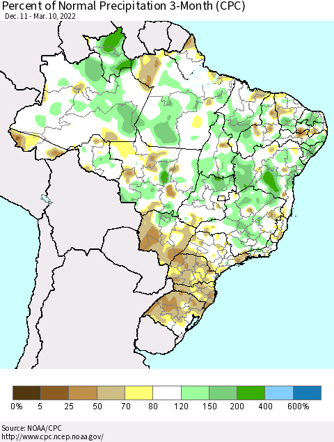 Brazil Percent of Normal Precipitation 3-Month (CPC) Thematic Map For 12/11/2021 - 3/10/2022