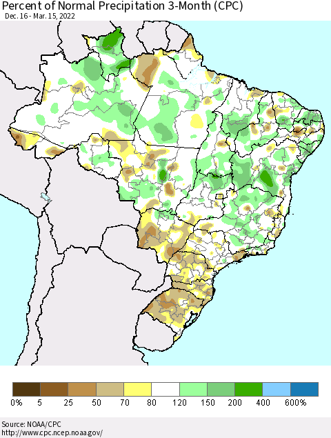 Brazil Percent of Normal Precipitation 3-Month (CPC) Thematic Map For 12/16/2021 - 3/15/2022