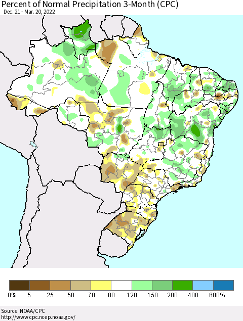 Brazil Percent of Normal Precipitation 3-Month (CPC) Thematic Map For 12/21/2021 - 3/20/2022