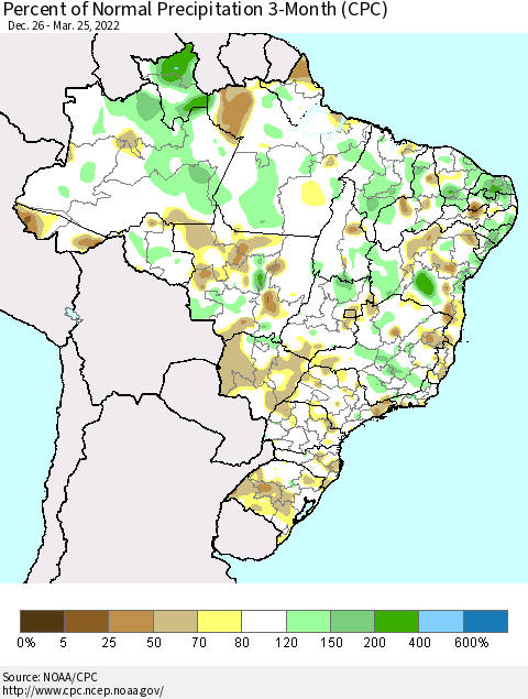Brazil Percent of Normal Precipitation 3-Month (CPC) Thematic Map For 12/26/2021 - 3/25/2022