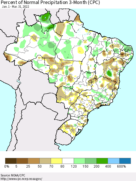 Brazil Percent of Normal Precipitation 3-Month (CPC) Thematic Map For 1/1/2022 - 3/31/2022