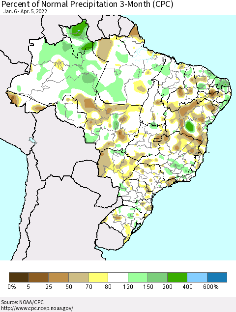 Brazil Percent of Normal Precipitation 3-Month (CPC) Thematic Map For 1/6/2022 - 4/5/2022
