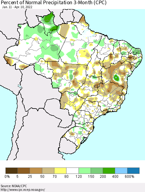 Brazil Percent of Normal Precipitation 3-Month (CPC) Thematic Map For 1/11/2022 - 4/10/2022
