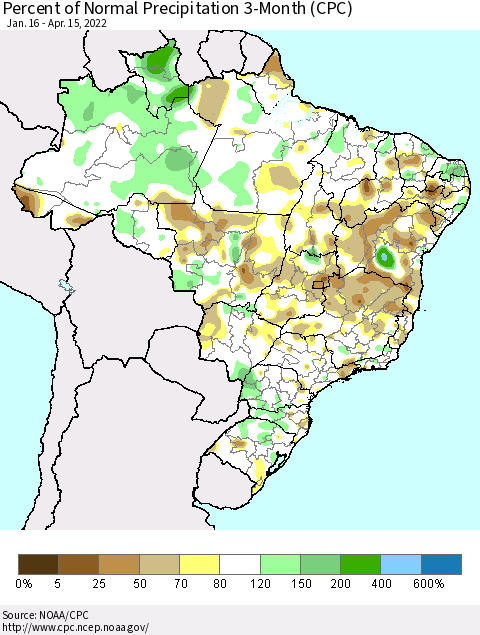 Brazil Percent of Normal Precipitation 3-Month (CPC) Thematic Map For 1/16/2022 - 4/15/2022